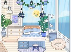 a room with a bed, dresser and plants on the window sill in it