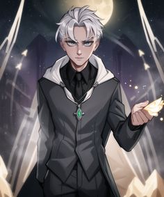 an anime character with white hair wearing a black suit and holding his hand out in front of him