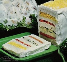 a piece of cake sitting on top of a green plate next to another slice of cake