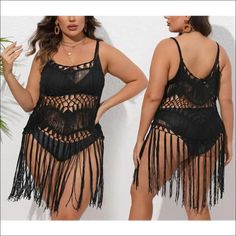 Level up your beach look with our Plus Size Cut-Out Tassel Crochet Dress Cover-Up! Featuring bold cut-outs and playful tassel detailing, this cover-up adds a touch of adventure to your swimwear. Don't forget to pair it with your favorite undergarments for a complete look. Take a risk and rock this cover-up on your next beach day! Decoration Hollow Out , Tassel Pattern Type Solid Style Crochet Fabric Slight Stretch Material Knitted Fabric Fabric Type Polyester , Lanon Black Jumpsuit Dress, Crochet Fabric, Crop Top Sweater, Curvy Dress, Dress Cover, Basic Tops, Pajamas Women, Crochet Dress, Jumpsuit Dress