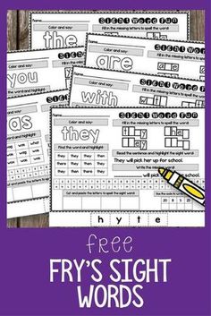 five fry's sight words worksheets with purple background