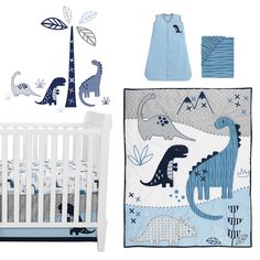 a crib bedding set with blue and grey dinosaur wall decals on it