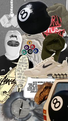 a collage of various items including hats, shoes and other things that are on display