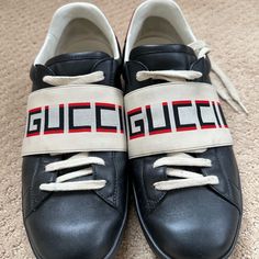 Gucci Shoes Worn Once Like New ! Designer Gucci Custom Sneakers With Round Toe, Gucci Leather Custom Sneakers With Round Toe, Gucci Leather Sneakers With Round Toe, Gucci Designer Custom Sneakers With Contrast Sole, Gucci Custom Black Sneakers With Round Toe, Gucci Designer Black Custom Sneakers, Gucci Black Custom Sneakers With Round Toe, Black Designer Gucci Custom Sneakers, Luxury Black Gucci Custom Sneakers