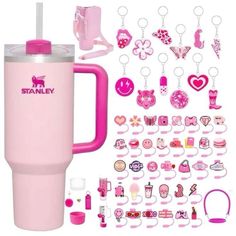 a pink travel mug with lots of accessories