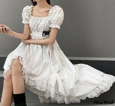 Olivia Mark - Vintage-inspired Irregular Short-Sleeved A-line Dress with High Neckline and Flared Skirt Eras Outfits, Dress With Square Neckline, Estilo Harajuku, White Dress Party, High Waist Dress, Vestidos Vintage, Gothic Dress, Lace Midi Dress, Women Long Dresses