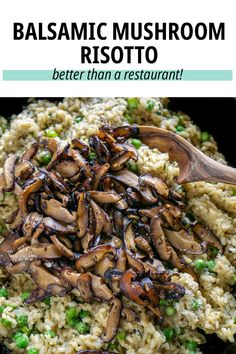 mushroom risotto in a skillet with peas and mushrooms