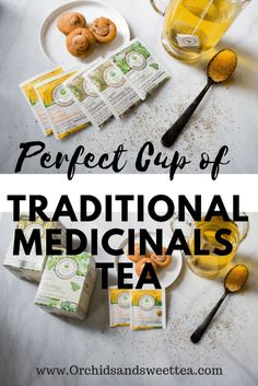 the perfect cup of traditional medicinals tea with some cookies and other items around it