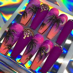 Acrylic Nails Latina, Nails Latina, Tropical Vacation Nails, Beach Nail Designs, Crazy Nail Art, Glitter Nails Acrylic, Sculptured Nails, Tropical Nails, Square Nail Designs