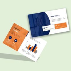 an orange and blue business brochure is shown