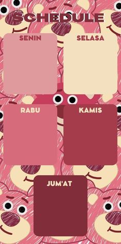 an image of some cartoon characters on a pink and red background with words in different languages