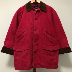 Vintage 90s American Eagle Outfitters Faded Red Distressed Barn Chore Work Jacket With A Brown Corduroy Collar And Cuffs. 6 Front Pockets. Plaid Flannel Inside Lining. Some Stains, Snags, Fading. Oversized Fit. 100% Cotton. Size Small. Could Fit Up To An Xl. Measurements Armpit To Armpit: 24” Length: 30.75” No Trades Grunge Cottage Academia Preppy Streetwear Whimsygoth Indie Western Boho Alt Skater Red Fall Outerwear With Patch Pockets, Casual Red Outerwear With Patch Pockets, Red Single Breasted Cotton Outerwear, Red Cotton Outerwear For Work, Red Single-breasted Cotton Outerwear, Vintage Corduroy Outerwear With Patch Pockets, Winter Red Outerwear With Corduroy Collar, Red Corduroy Winter Outerwear, Cottage Academia