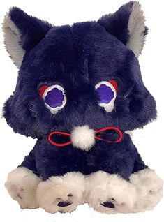 a blue stuffed animal with big eyes and red string around it's neck, on a white background