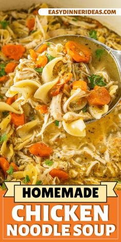 homemade chicken noodle soup in a white bowl with a spoon