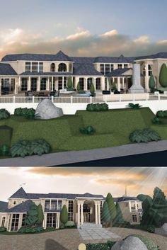 two renderings of a large house with trees and bushes in the front yard, and on the side