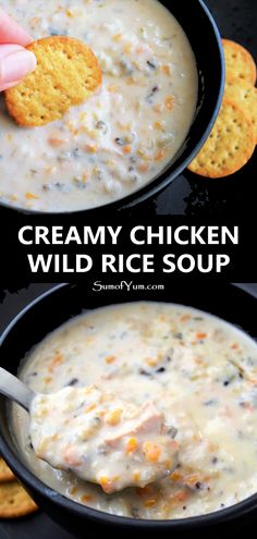 creamy chicken wild rice soup in a black bowl with crackers on the side and text overlay