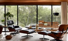 an empty living room with modern furniture and large windows overlooking the trees in the forest