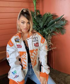 Racing Jacket Outfit, Kelsey Calemine, Chinese Outfits, Vintage Racing Jacket, Racer Jackets, Varsity Jacket Outfit, Nascar Jacket, Girls Attire, Jacket Outfit Women