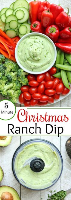 christmas ranch dip recipe with broccoli, tomatoes and cucumbers on the side