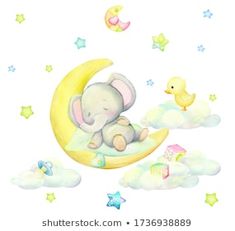 an elephant is sleeping on the moon with stars and clouds around it, while a rubber duck sits nearby