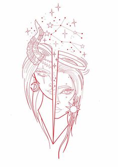 a drawing of a woman's face with horns and stars on her head, in red