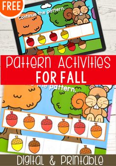 two pictures with the words pattern activities for fall and an apple themed printable on them