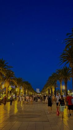 many people are walking down the street at night with palm trees on either side of them