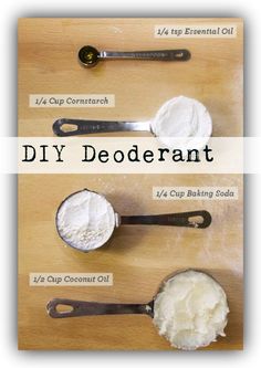 four spoons with different types of flour on them, labeled diy deodoranants