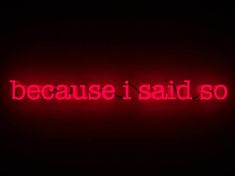 the words because i said so are lit up in red on a black background,