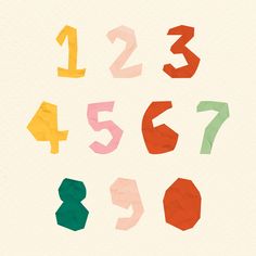 the numbers are made up of different colored shapes and sizes, including one for each letter