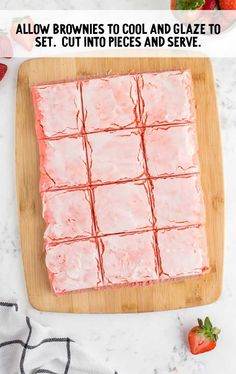 strawberry brownies on a cutting board with text overlay that reads, how to cut into pieces and serve