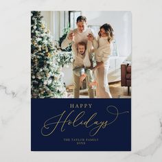 a holiday card with the words happy holidays in gold and green on top of it