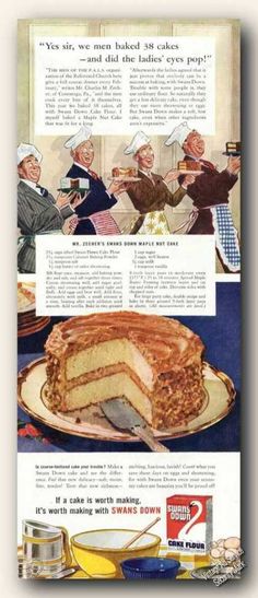 an old advertisement for cake from the 1950's, with pictures of people eating it