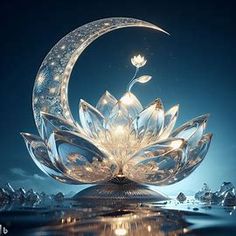 a crystal lotus flower sitting on top of a water lily in front of the moon