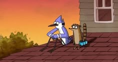 two cartoon characters sitting on the roof of a house