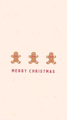 three gingerbreads with merry christmas written on the front and bottom, in red