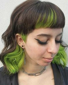 Green Face Frame Hair, Electric Green Hair, Dyed Micro Bangs, Brown And Lime Green Hair, Green And Brunette Hair, Blonde With Green Hair, Block Color Curly Hair, Diffused Color Blocking Hair, Coloured Underlayer Hair