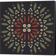 a black background with red, green, and blue designs on it's surface