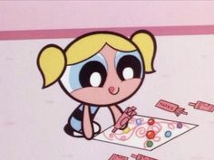 the powerpuff girls cartoon character is looking at candy