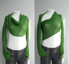 two images of a green sweater on display with white top and jeans, both showing the front and back views