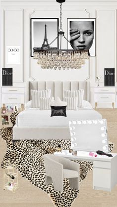 a white bedroom with leopard print rug and chandelier above the bed, black and white decor