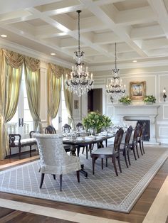 a formal dining room with chandeliers and chairs