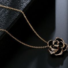 Brand New Without Tags, Absolutely Beautiful Women's Gold Plated Black Rose Necklace And Earrings Set. Gold And Black Necklace, Black Rose Necklace, Rose Metal Jewelry For Party, Rose Gold Flower Jewelry For Evening, Chic Evening Jewelry For Valentine's Day, Valentine's Day Chic Evening Jewelry, Chic Black Flower Jewelry, Elegant Black Jewelry With Rose Design, Black Metal Flower Jewelry