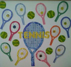 the tennis rackets have been made out of paper and are hanging on a wall