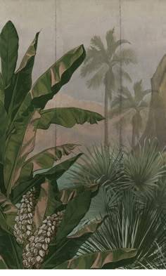 a painting of tropical plants and trees in front of a wall with palm trees on it