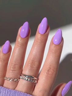 Purple  Collar  PP Geometric,Plain,Plants Color Nails Embellished   Nail,Hand & Foot Care Nails Acrylic Almond Colors, Solid Color Nails Almond Shape, Purple Nails Oval, Plain Purple Nails, Pastel Purple Nail Ideas, Purple Nails Almond Shape, Nails Plain Color, Almond Purple Nails, Senior Nails