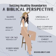 a woman sitting on top of a chair with the words, setting healthy boundariess biblical perspective