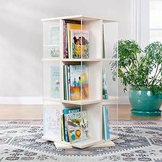 a book shelf with books on it in the middle of a room next to a potted plant