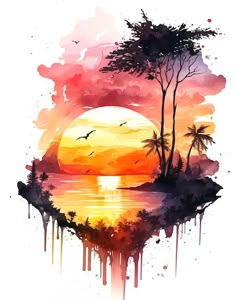 the sun is setting on an island with palm trees and watercolor paint drips