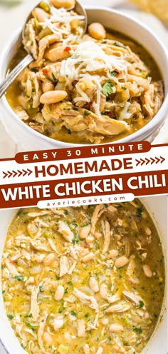 two bowls of homemade white chicken chili with text overlay